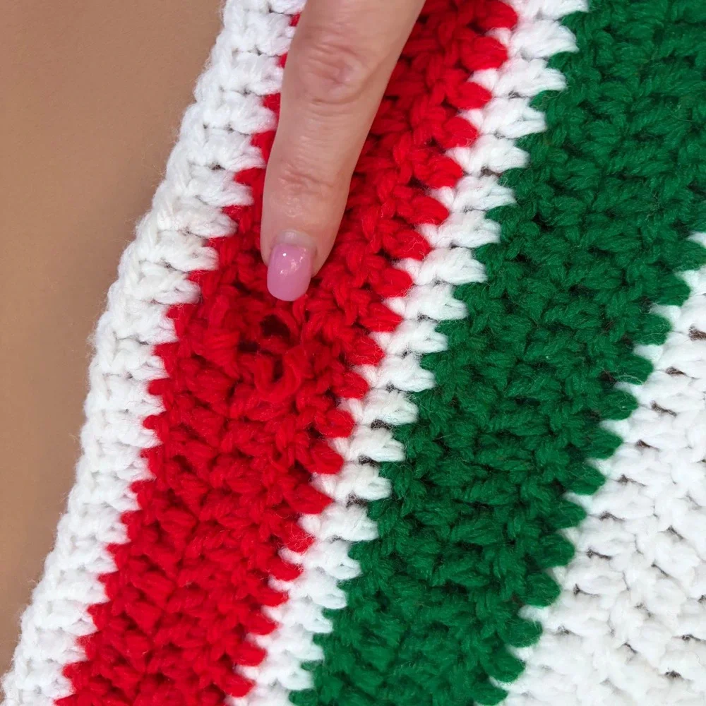 Handmade Crochet Christmas Tree Skirt White Red Green Striped Holiday Decor